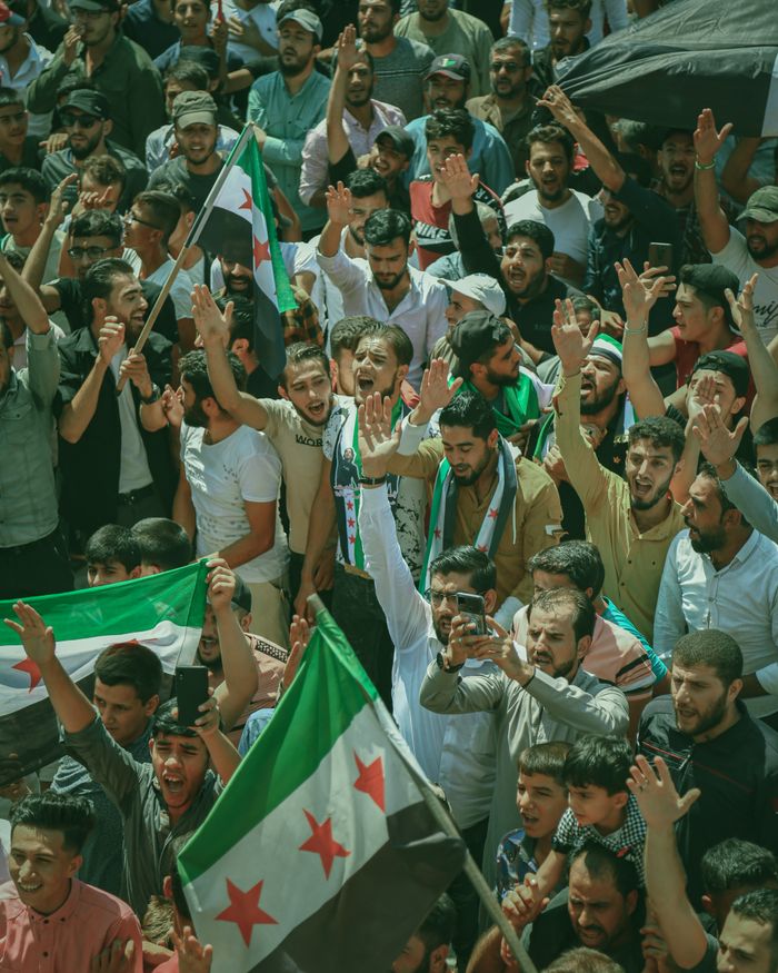 Services Vibrant crowd gathered in Syria holding national flags during a protest rally.